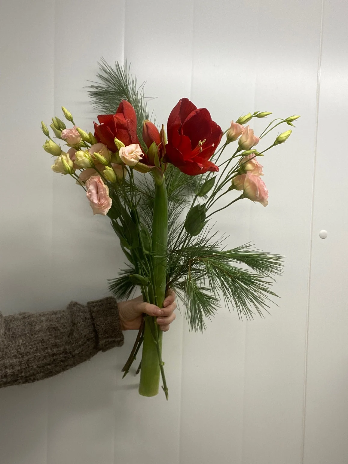 Bukett-Amaryllis, lisianthus +silkefuru