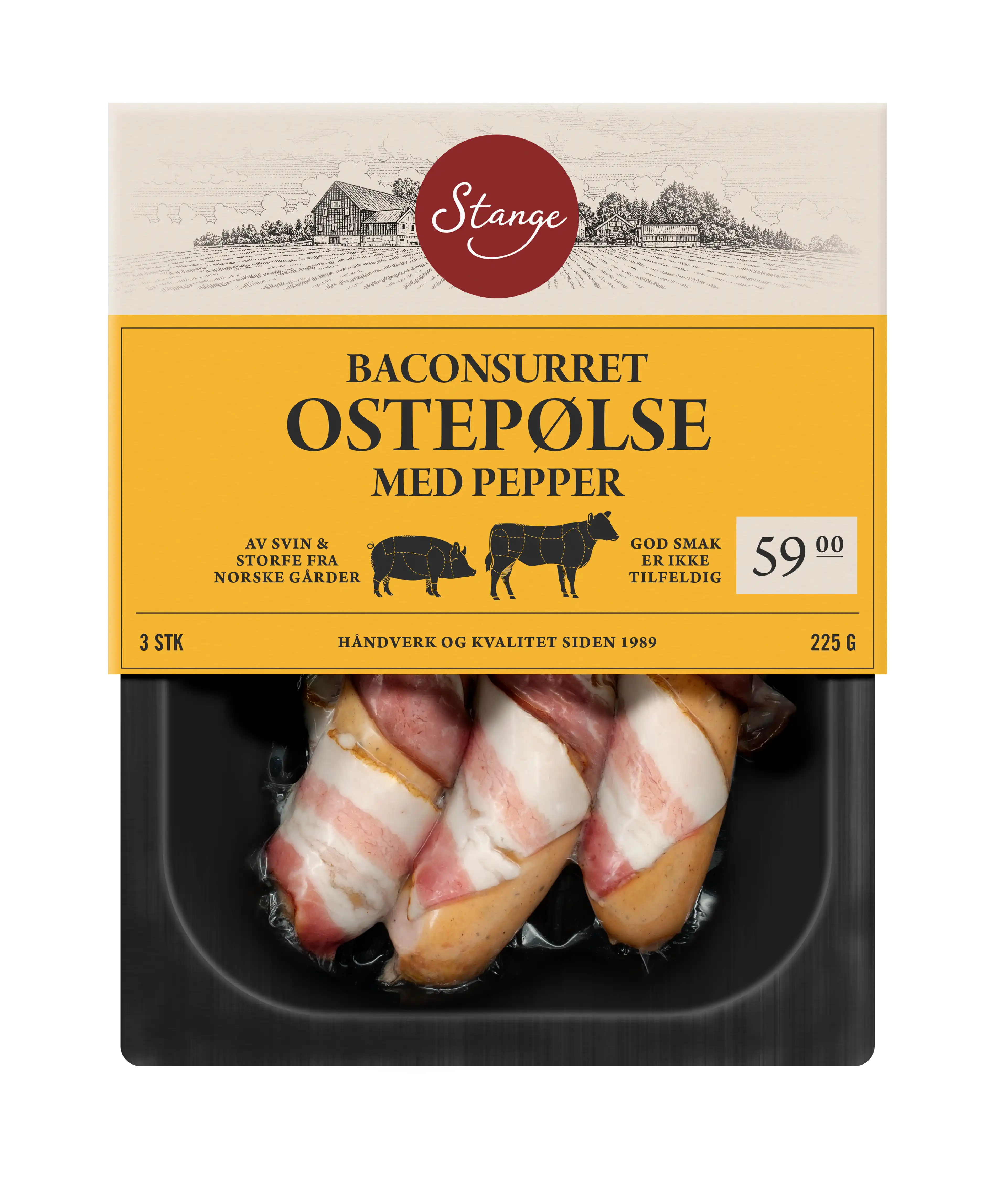 Baconsurret ostepølse med pepper