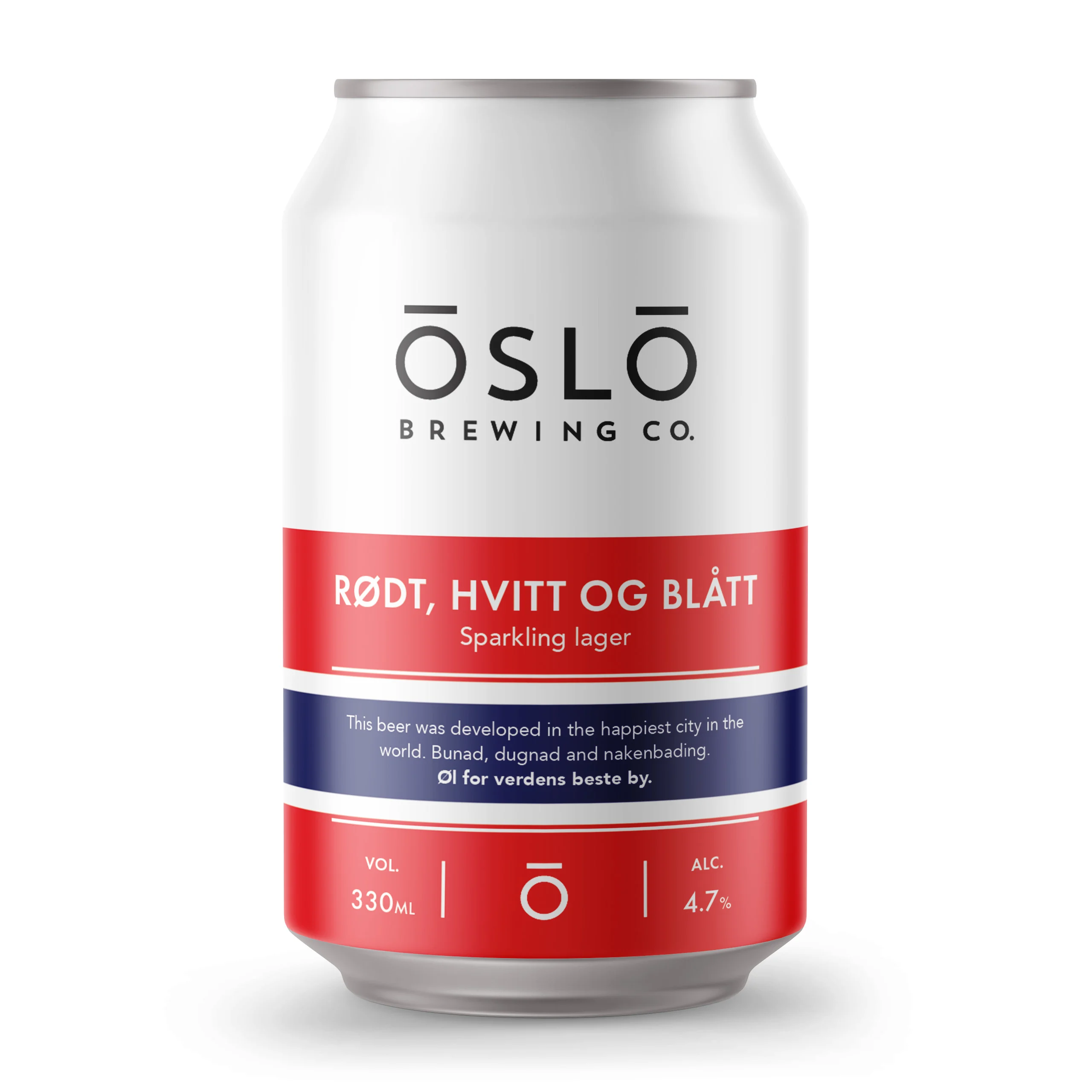 Rødt, hvitt og blått 330ml boks